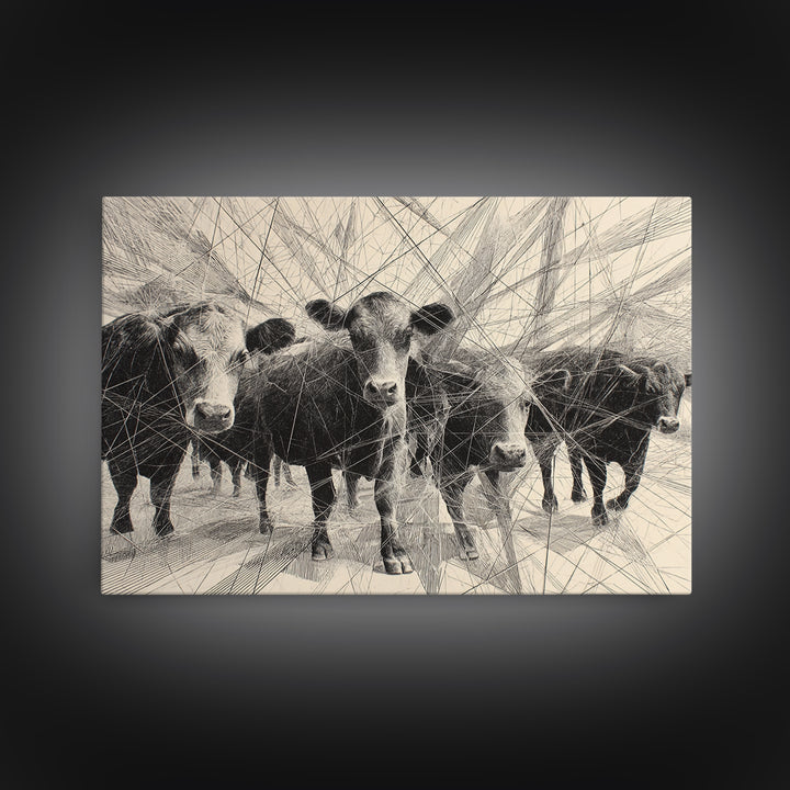 Black And White Abstract Cattle Drawing Canvas Print, African Animal Art, Modern African Art, Ethnic Wall Decor, Minimalist Poster