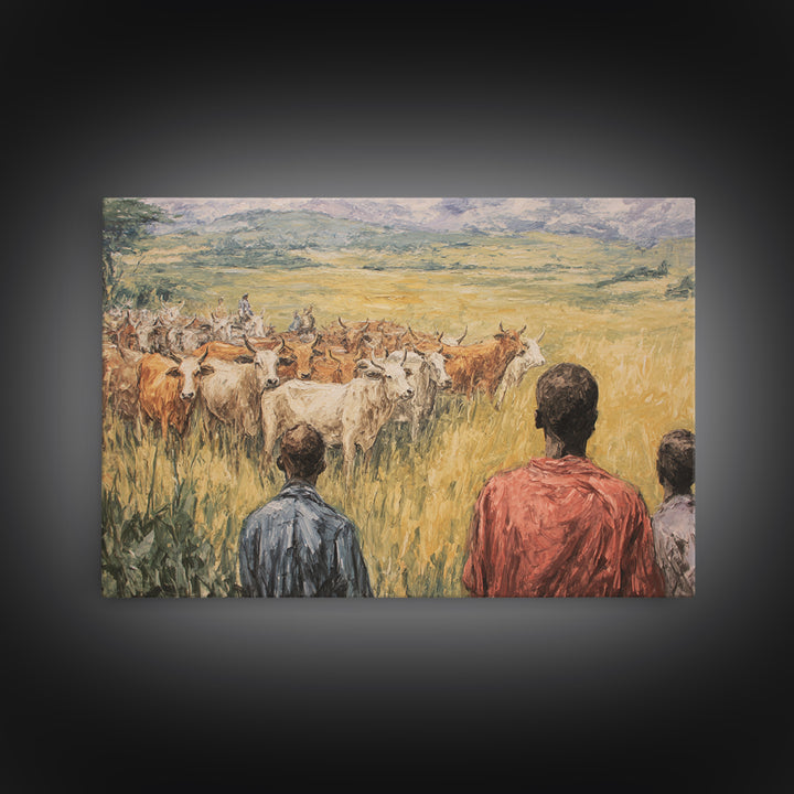 Pastoral African Cattle Herd Landscape Wall Art, African Painting, Safari Art, Cultural Home Decor, Living Room Decor, Gift