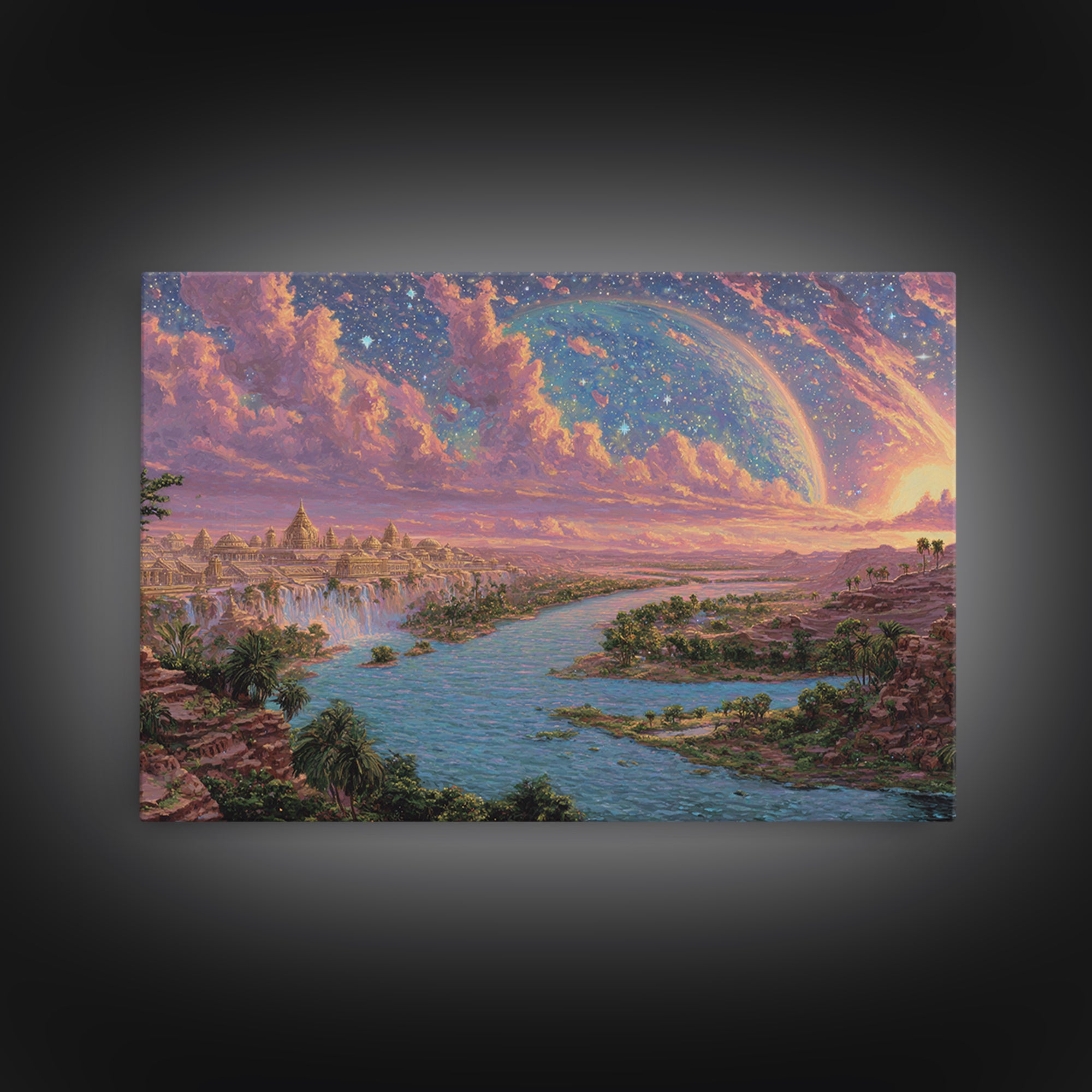 Ancient Nile River Temple Under Cosmic Sky Framed Canvas Print, African Egyptian Art, Fantasy Landscape, Luxury Canvas Art