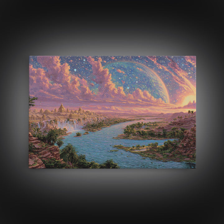 Ancient Nile River Temple Under Cosmic Sky Framed Canvas Print, African Egyptian Art, Fantasy Landscape, Luxury Canvas Art
