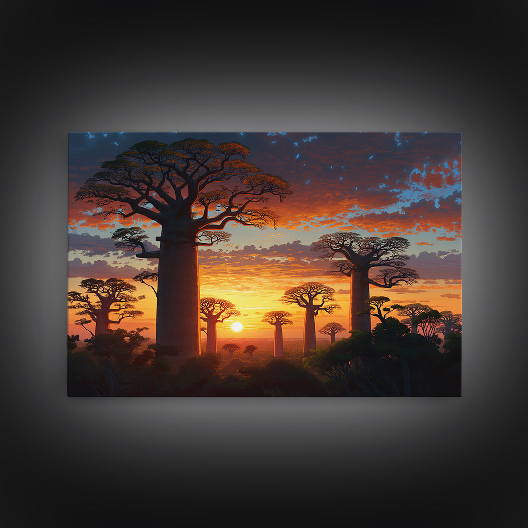 Majestic Baobab Forest At Sunset Framed Canvas Print, African Landscape, Serengeti Wall Art, Jungle Decor, Statement Wall Piece
