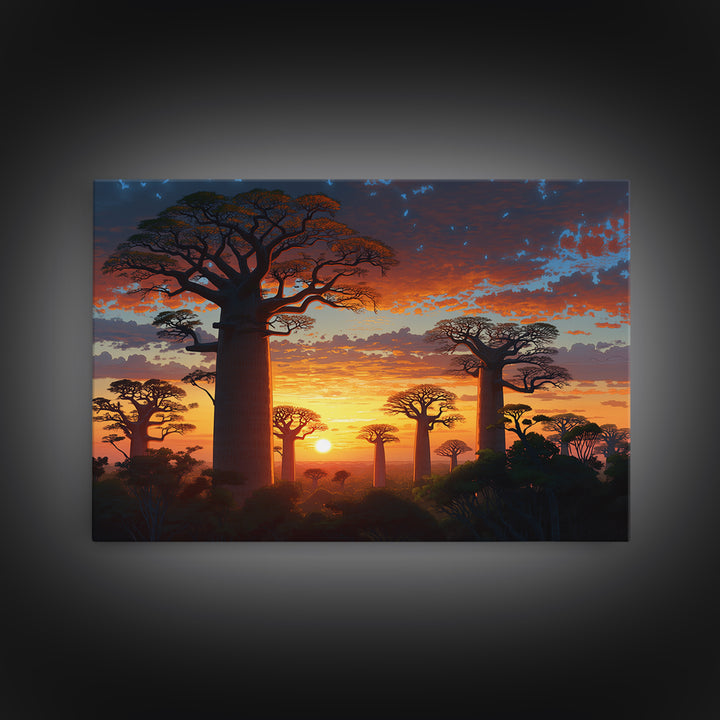 Majestic Baobab Forest At Sunset Framed Canvas Print, African Landscape, Serengeti Wall Art, Jungle Decor, Statement Wall Piece