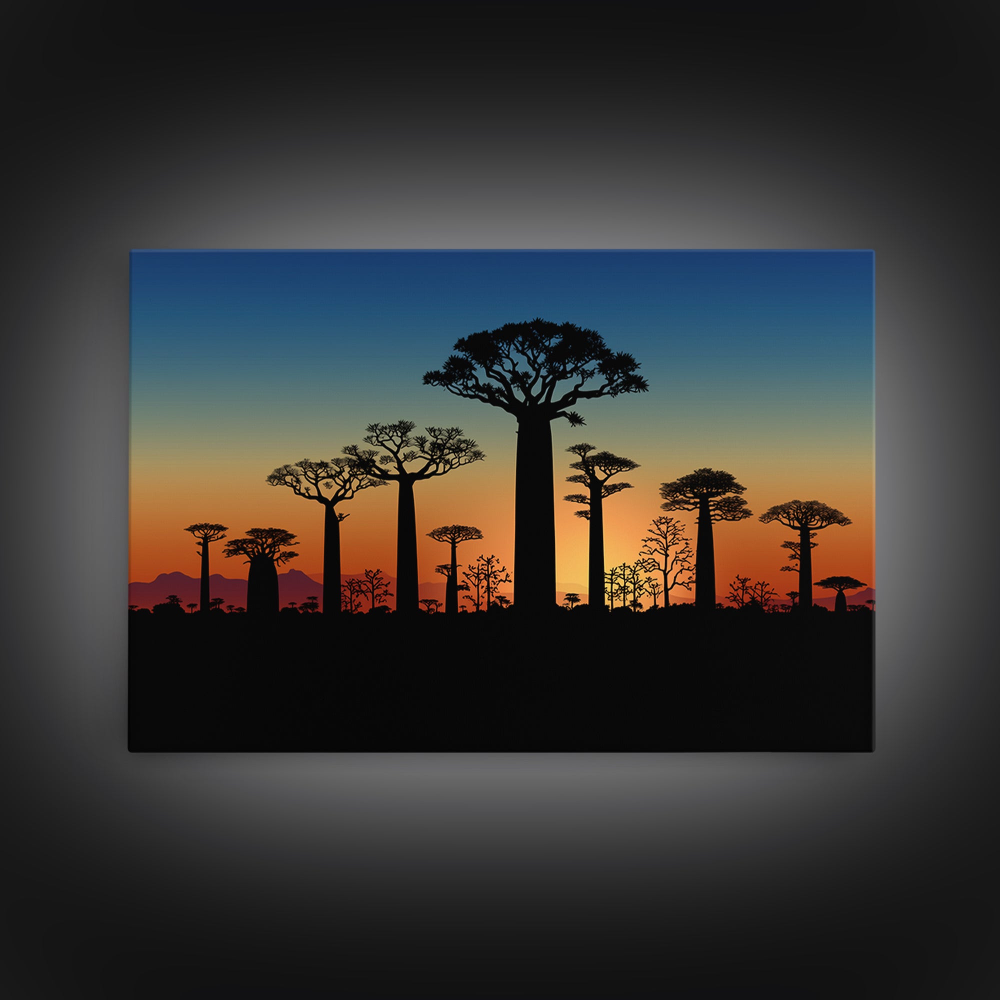 Baobab Tree Silhouettes At Blue Dusk Canvas Print, Madagascar Wall Art, African Tree, Minimalist Wall Art, Safari Decor, Office Decor