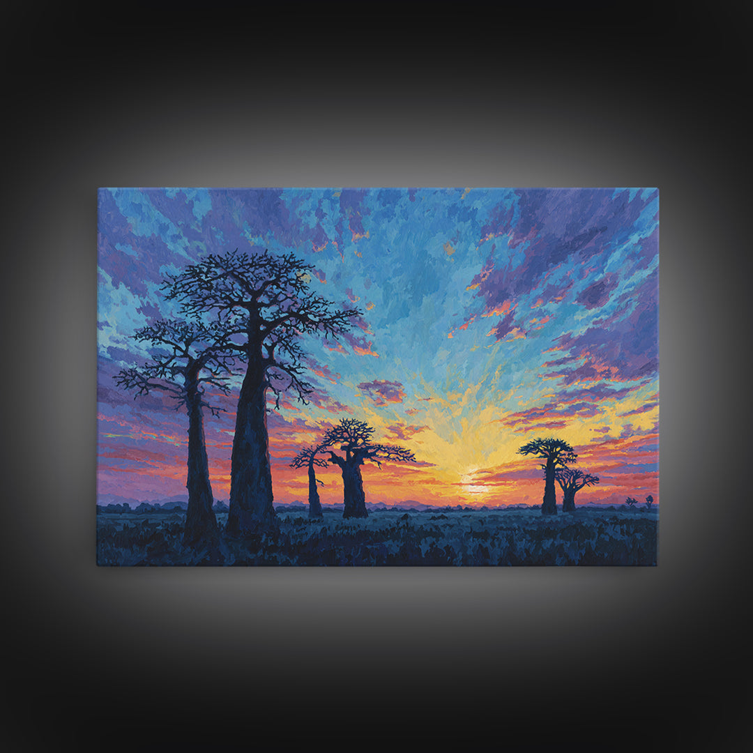 Painterly Blue Baobab Sunset Landscape Wall Art, African Landscape, Dreamy Wall Art, Modern Canvas Art, Colorful Wall Decor