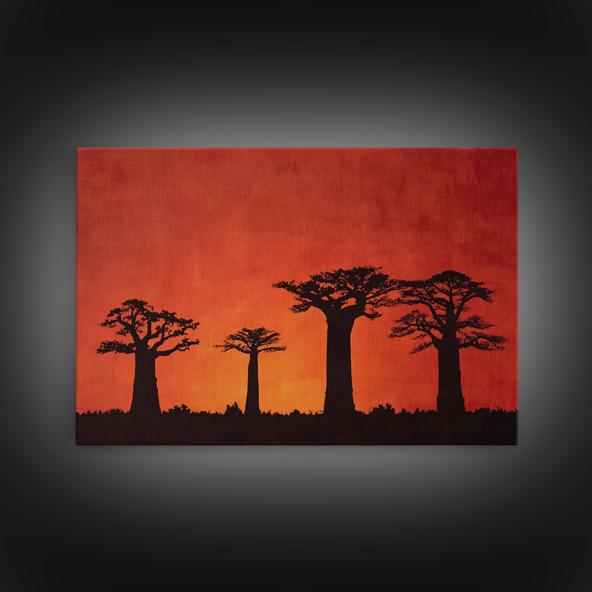 Red Orange Baobab Silhouette Horizon Canvas Print, African Tree, Burnt Orange Art, Boho Wall Decor, Rustic Decor, Home Decor