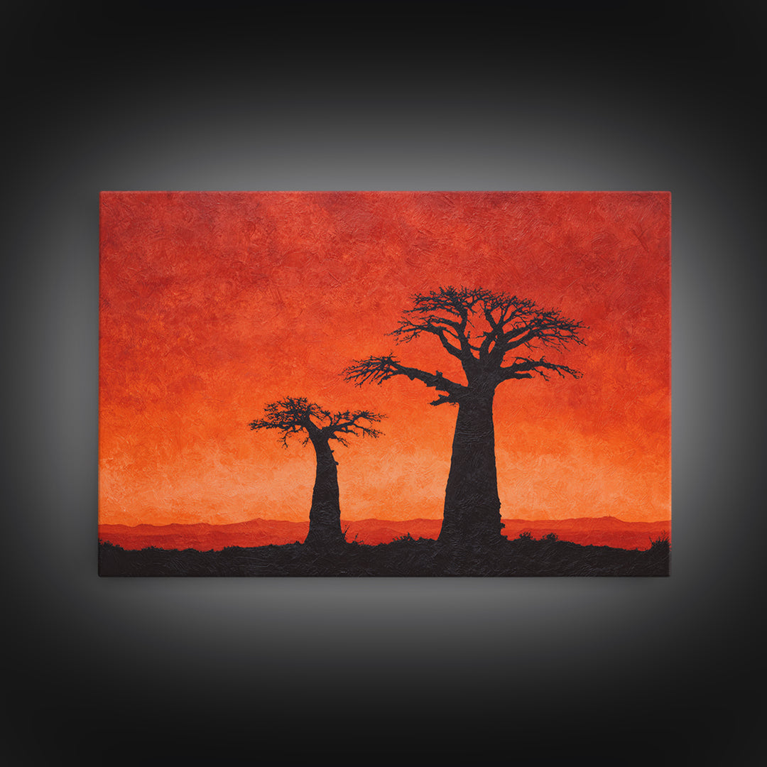 Baobab Tree Silhouettes At Fiery Sunset Wall Art, African Landscape, Safari Decor, Burnt Orange Art Print, Living Room Decor