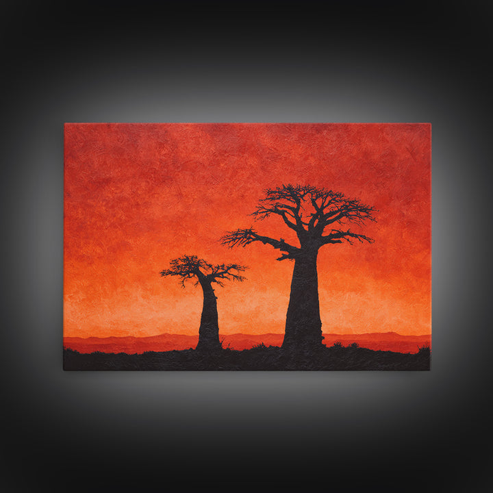 Baobab Tree Silhouettes At Fiery Sunset Wall Art, African Landscape, Safari Decor, Burnt Orange Art Print, Living Room Decor