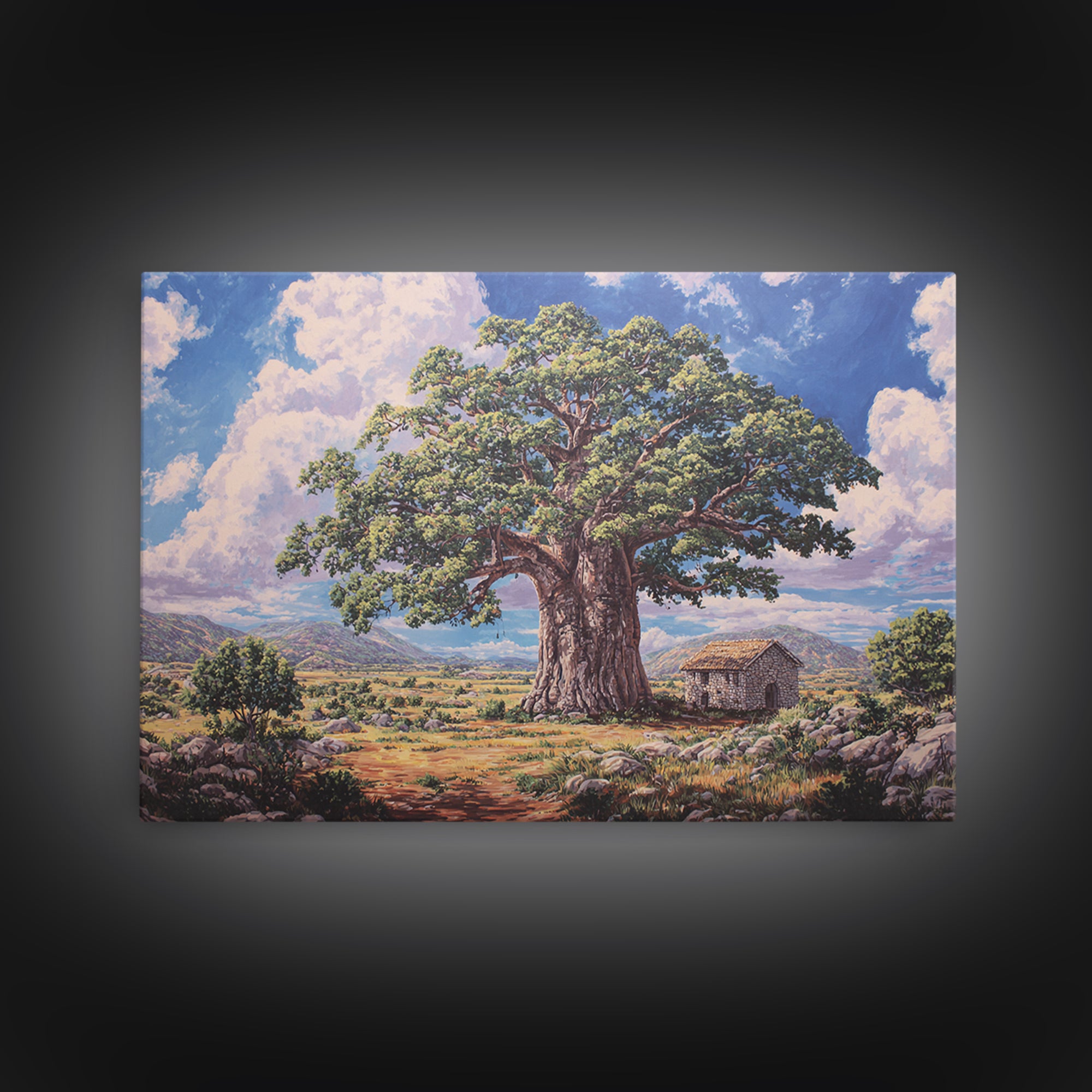 Ancient Baobab Beside Rustic Hut Framed Canvas Print, African Landscape, Cultural Wall Art, Earth Tone Decor, Housewarming Gift