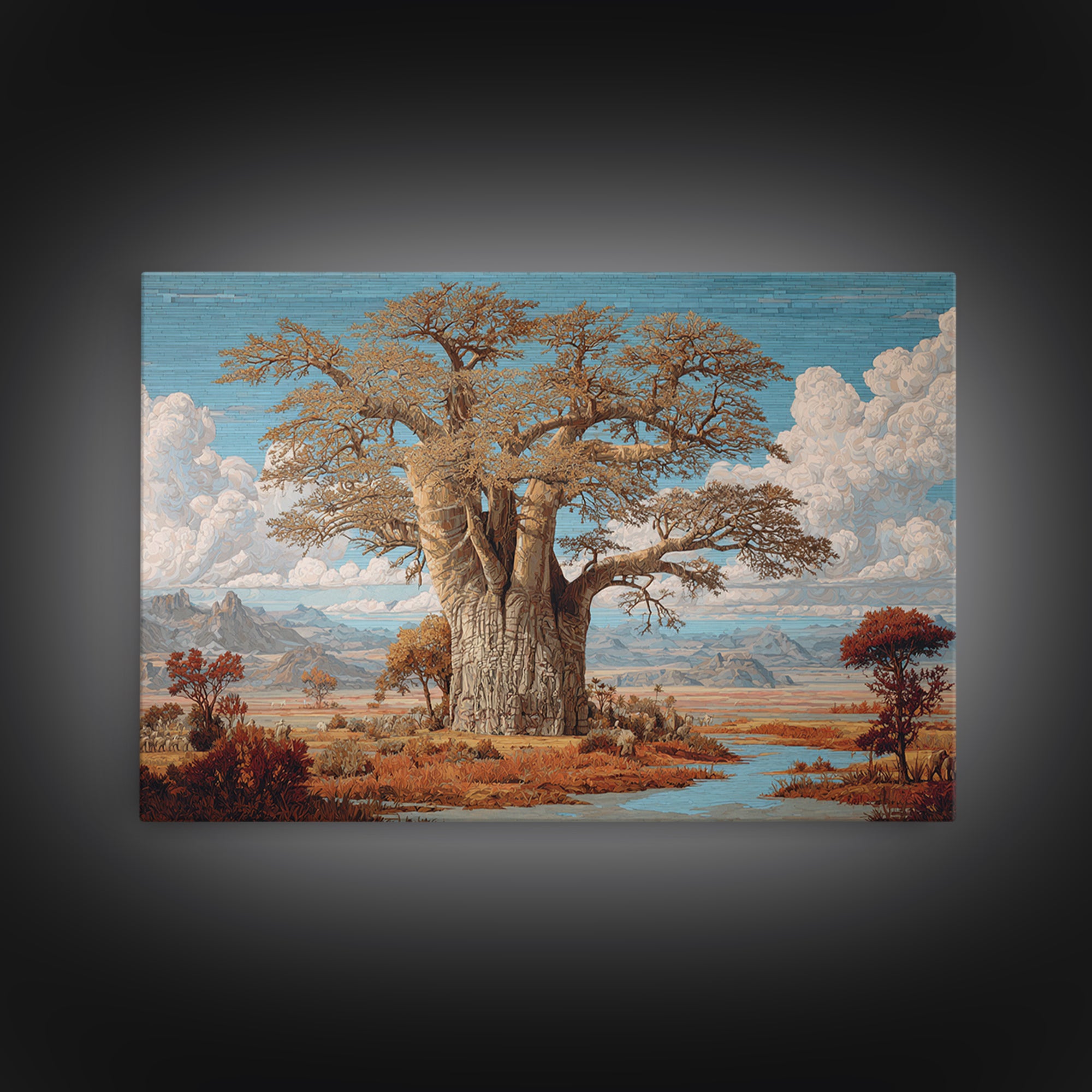 Monumental Baobab By River Plains Canvas Print, African Landscape, Safari Decor, Blue Wall Art, Elegant Home Decor Gift For Her