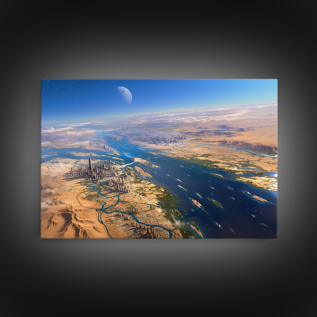 Futuristic Nile River Cities From Space Canvas Print, African Egyptian Art, Desert Landscape, Digital Wall Art, Modern Home Decor