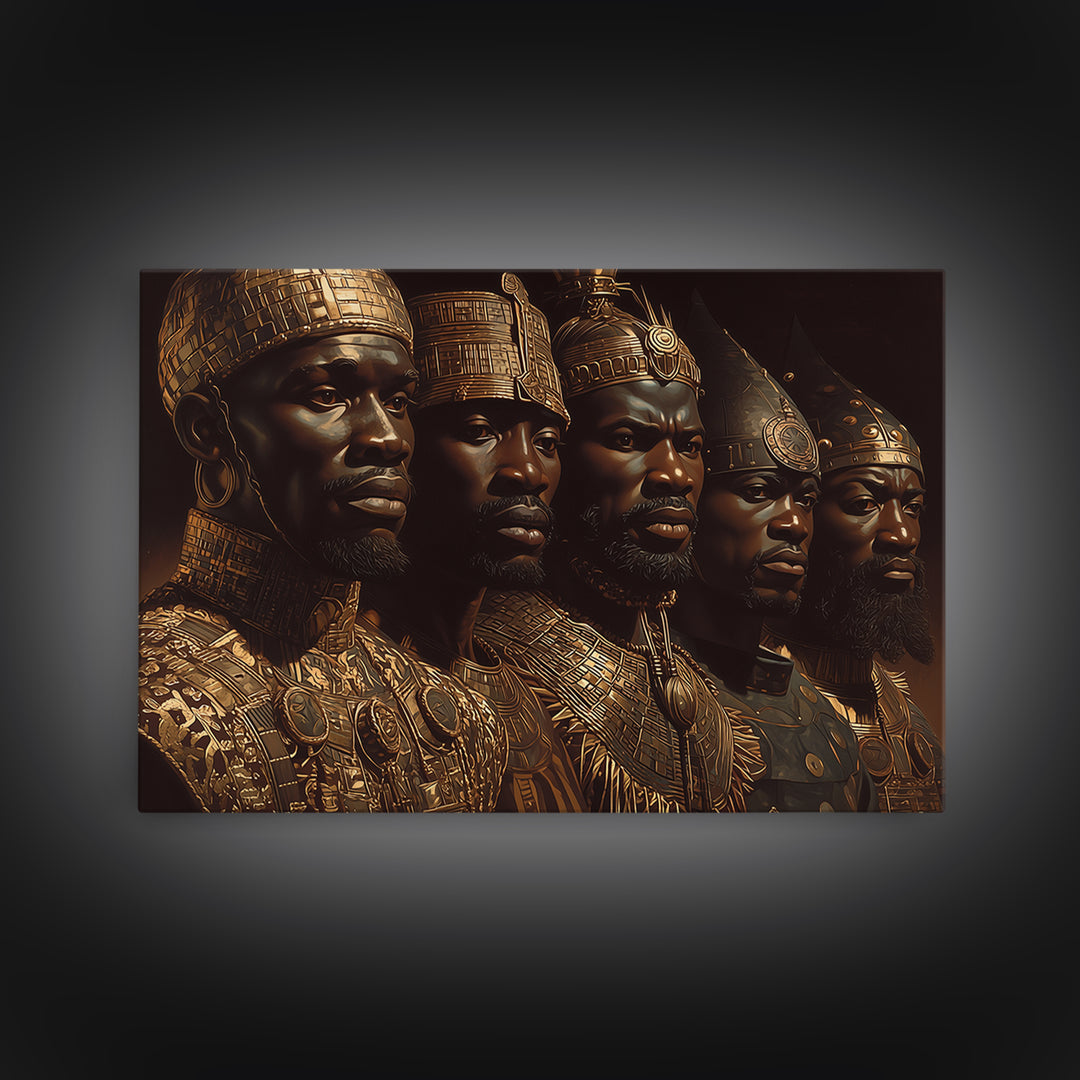 Golden African Kings Portrait Framed Canvas Print, African Warrior Art, Black History Art, Afrocentric Wall Decor Gift For Him