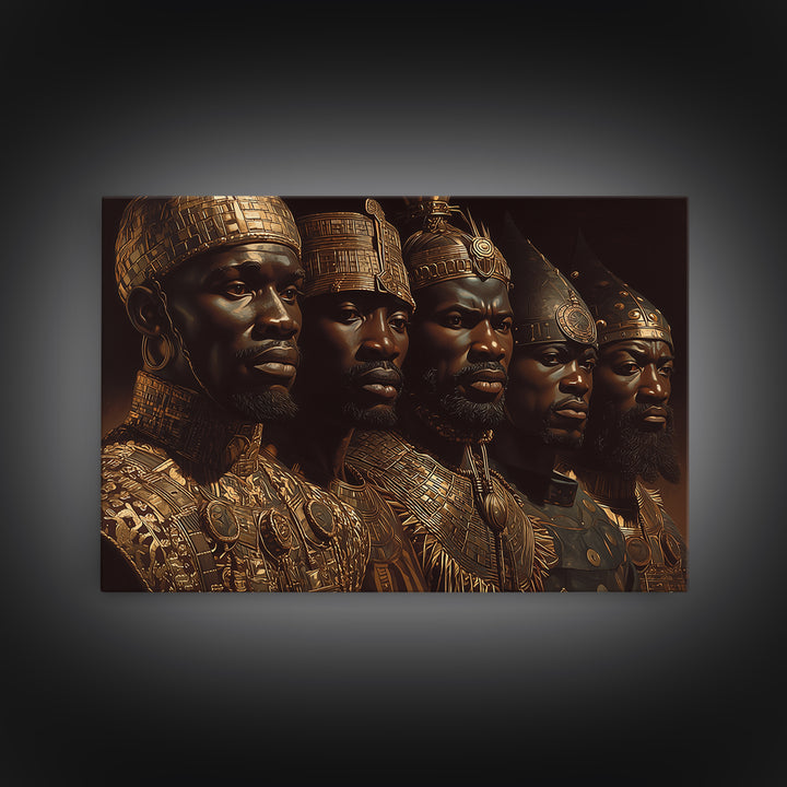 Golden African Kings Portrait Framed Canvas Print, African Warrior Art, Black History Art, Afrocentric Wall Decor Gift For Him