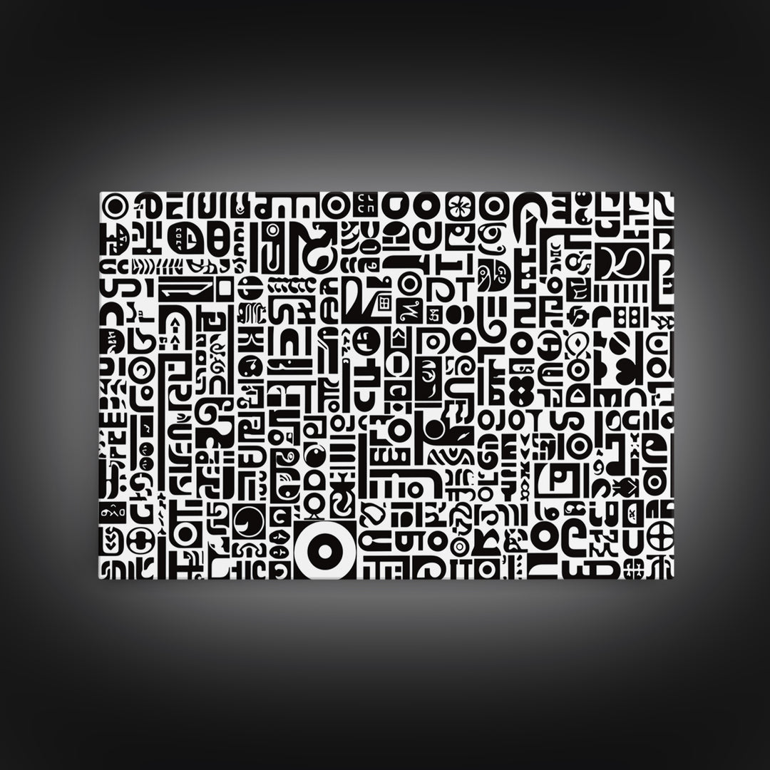 Black And White African Symbols Canvas Print, Abstract Ethnic Art, Tribal Pattern Wall Decor, Minimalist Office Art Gift