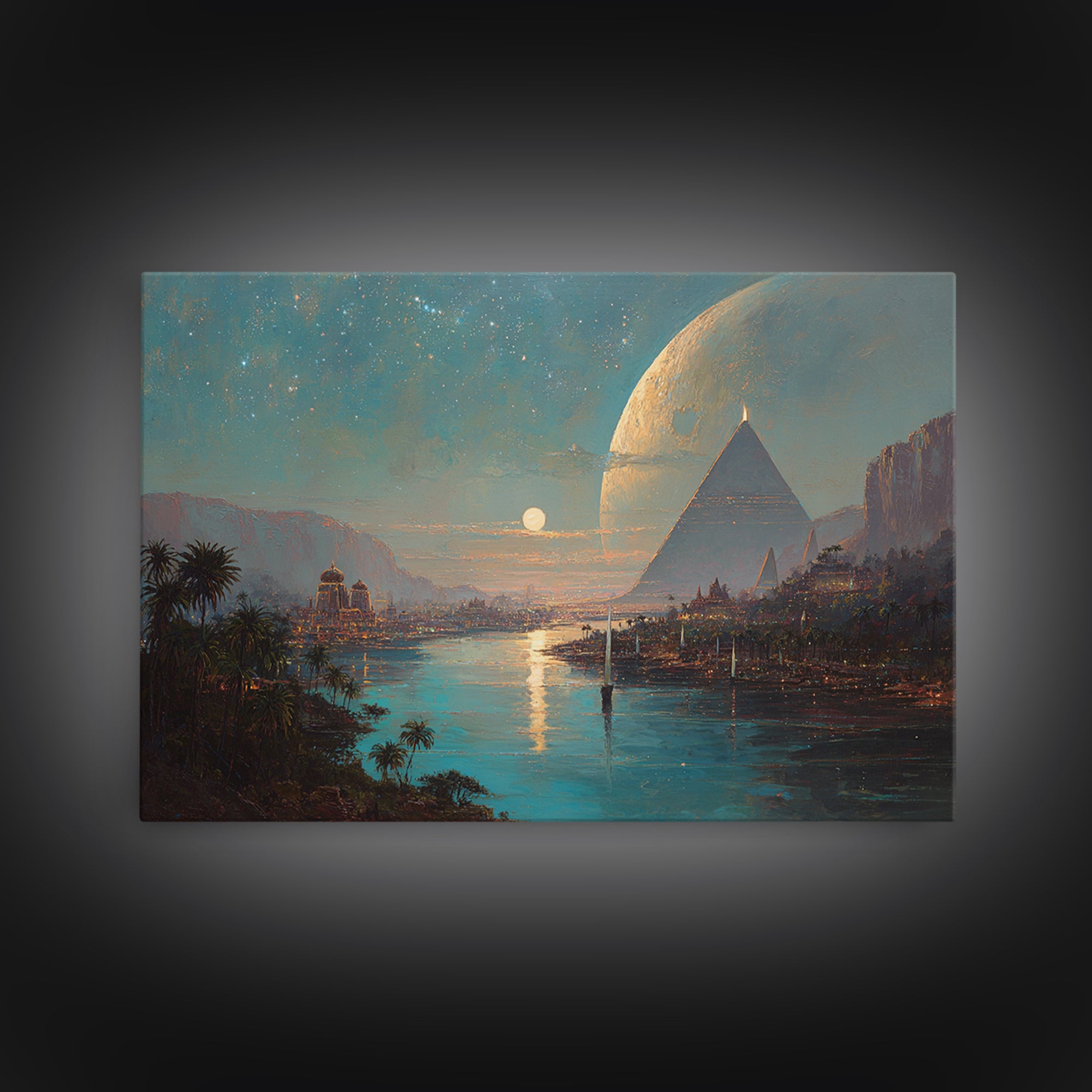 Dreamy Egyptian Pyramid River Wall Art, African Landscape, Ancient Egyptian Art Print, Fantasy Moonlit Home Decor Gift For Bedroom