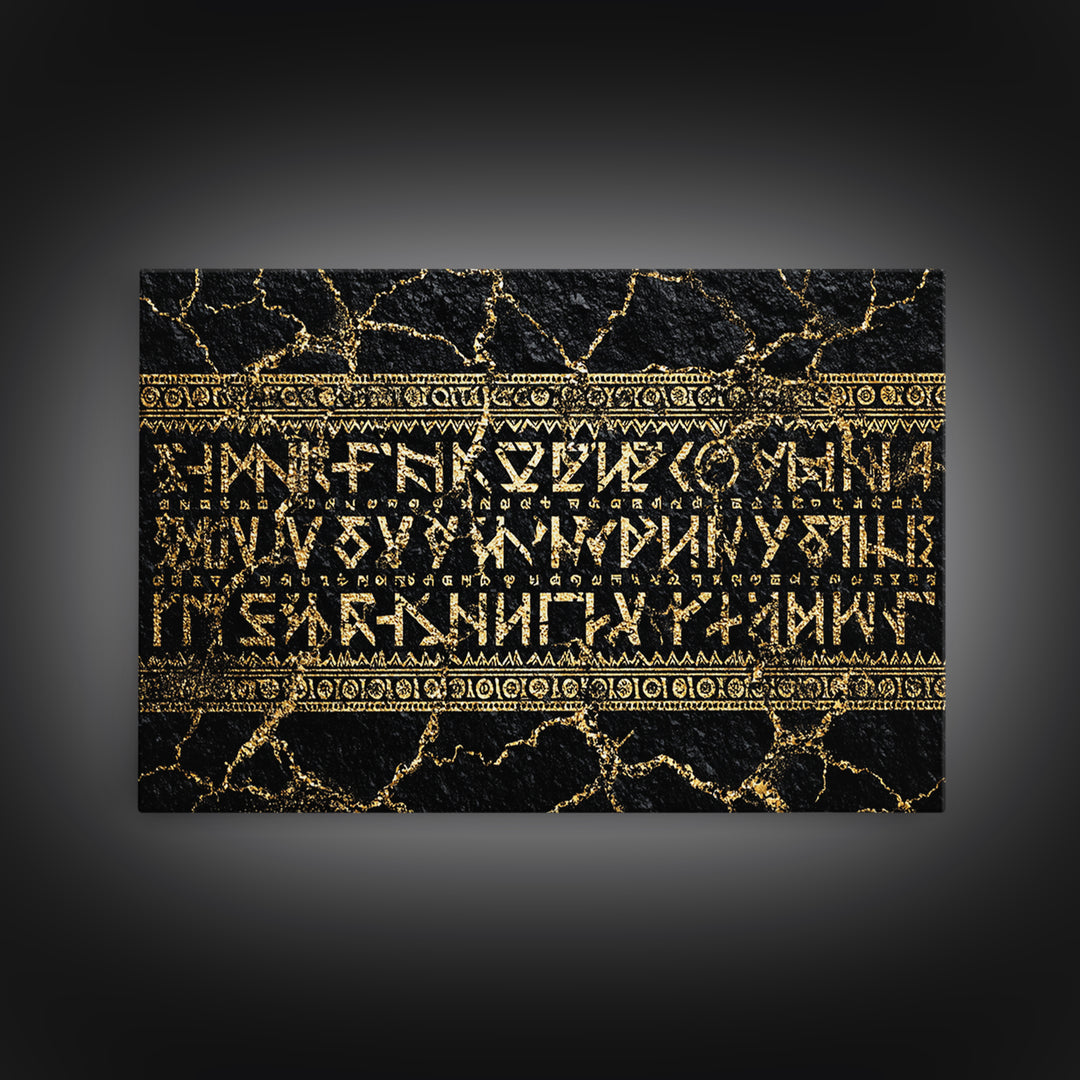 Gold Ancient Script On Black Stone Framed Canvas Print, African Egyptian Art, Cultural Wall Decor, Luxury Home Decor Gift