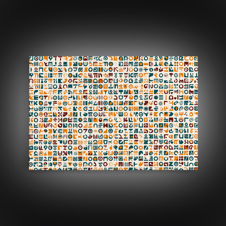 Teal And Orange African Symbol Pattern Canvas Print, Modern African Art Abstract, Cultural Wall Decor, Boho Office Art Gift