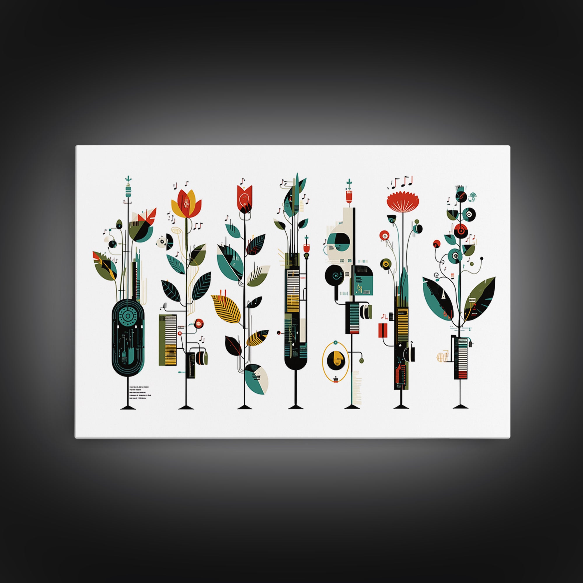 Musical Botanical Towers With Abstract Flowers Wall Art, Modern African Inspired Decor, Colorful Living Room Canvas Print