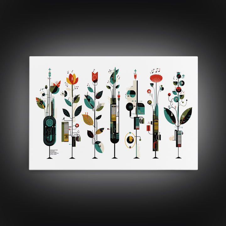 Musical Botanical Towers With Abstract Flowers Wall Art, Modern African Inspired Decor, Colorful Living Room Canvas Print