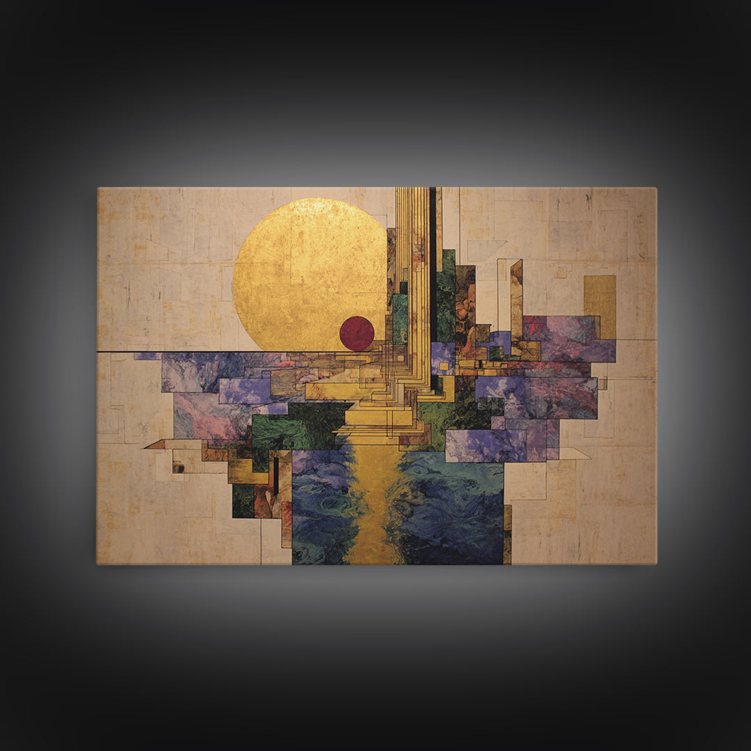Golden Sun Geometric City Over Water Framed Canvas Print, African Abstract Wall Art, Luxury Modern Living Room Home Decor Gift