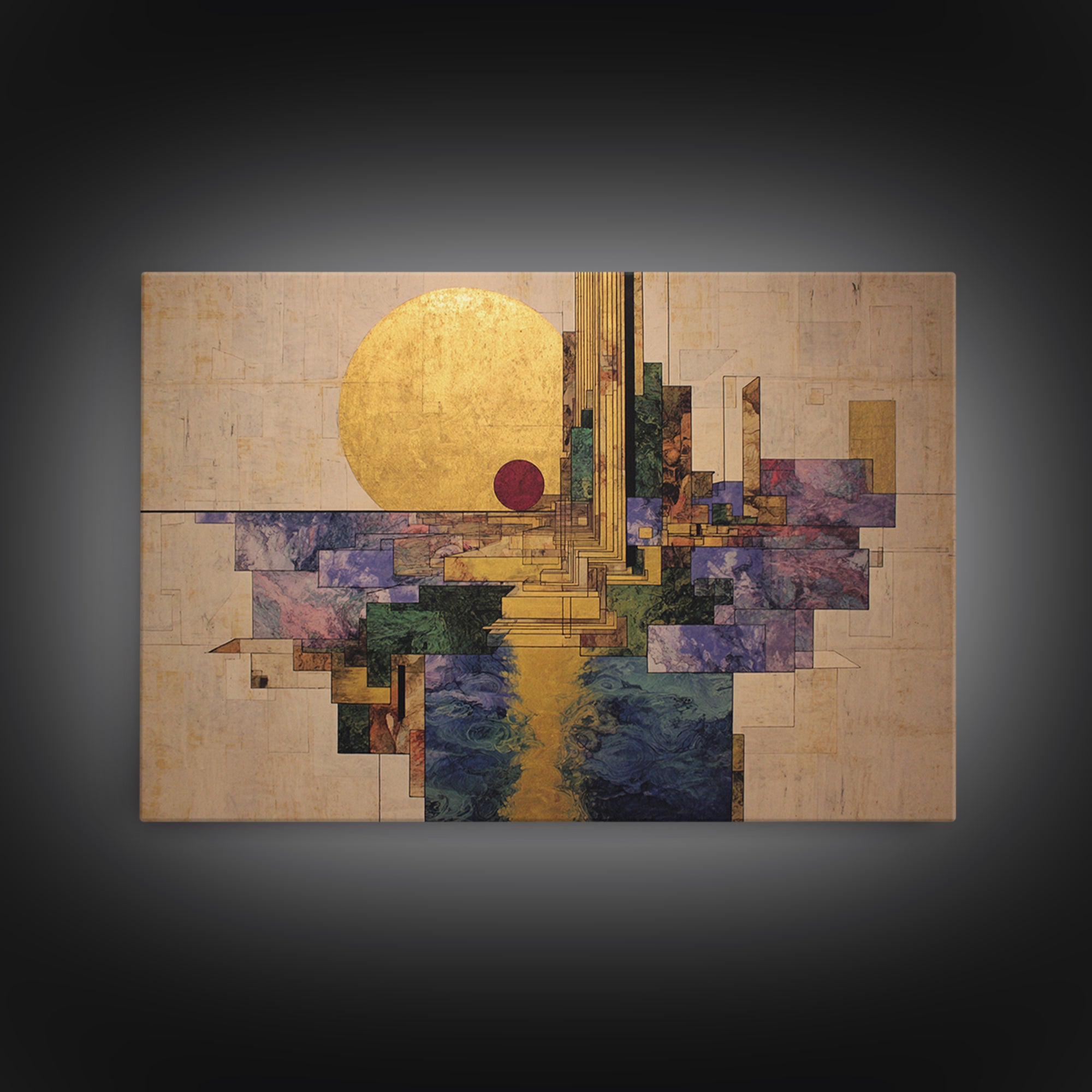 Golden Sun Geometric City Over Water Framed Canvas Print, African Abstract Wall Art, Luxury Modern Living Room Home Decor Gift