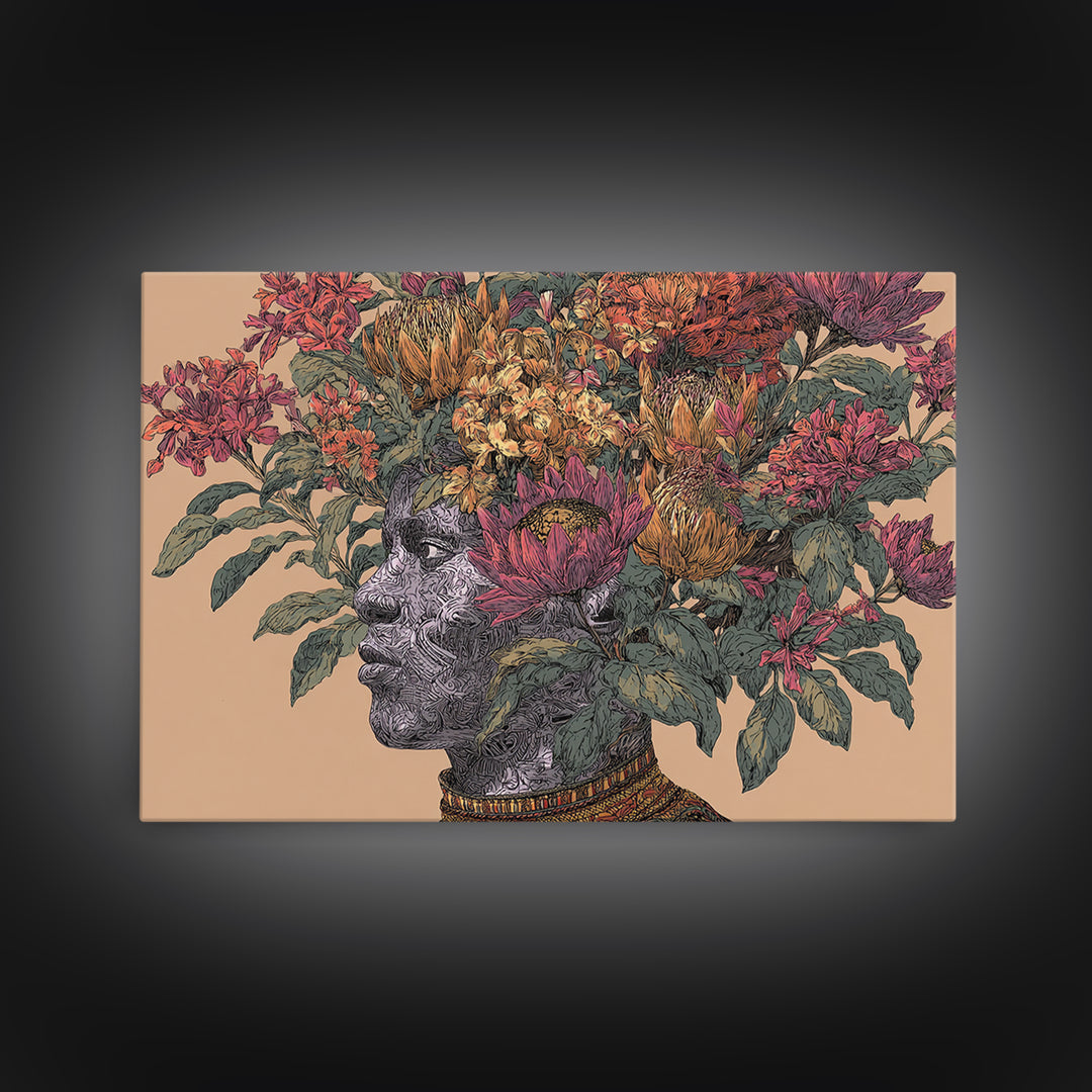 African Woman Profile With Protea Floral Crown Wall Art, Afrocentric Portrait Canvas Print, Black Beauty Home Decor Gift