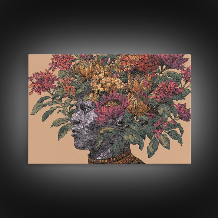 African Woman Profile With Protea Floral Crown Wall Art, Afrocentric Portrait Canvas Print, Black Beauty Home Decor Gift