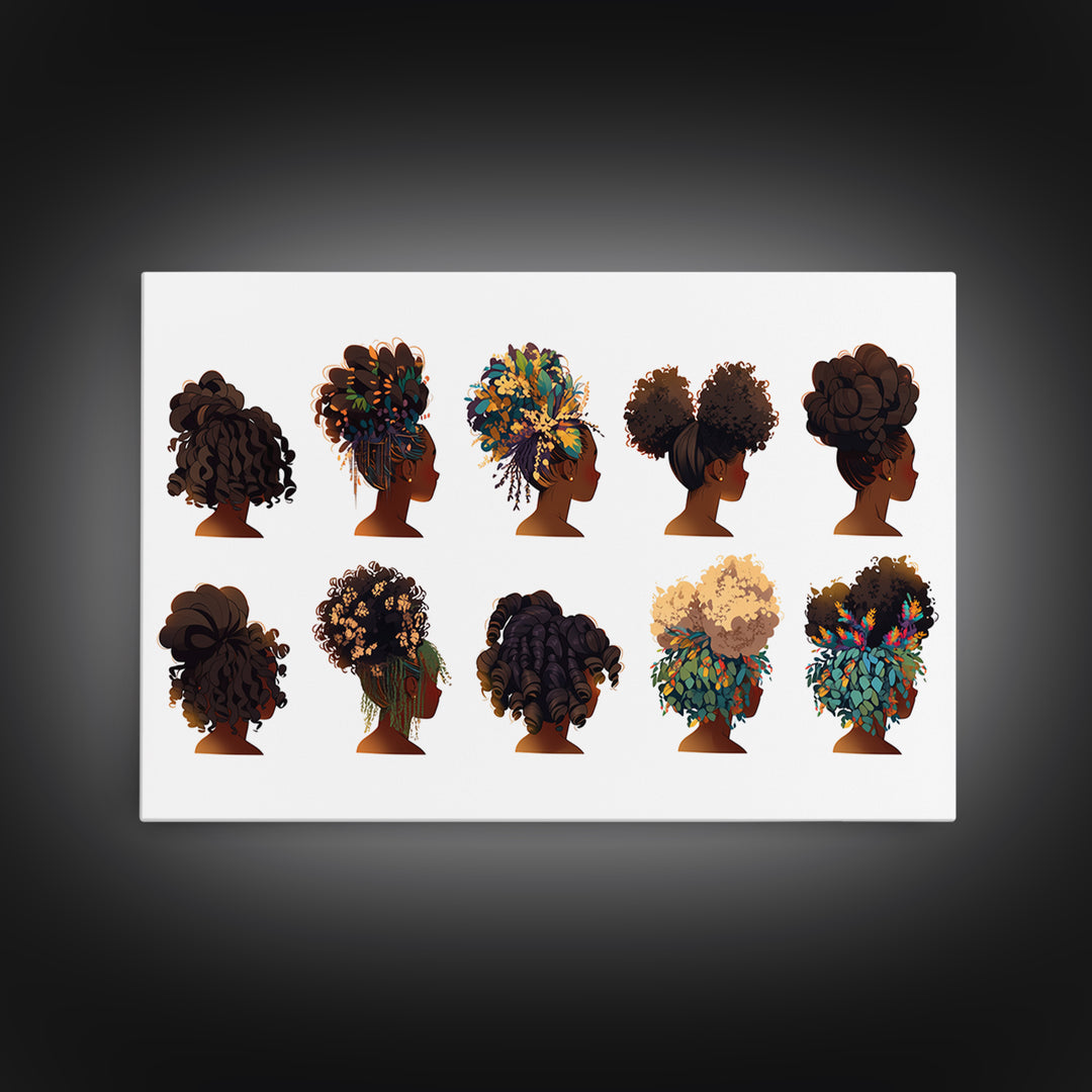 Black Women Natural Hairstyle Collection Wall Art, African Beauty Canvas Print, Salon Decor, Melanin Portrait Gift For Her