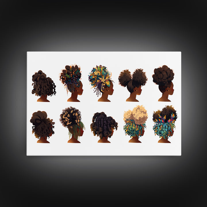 Black Women Natural Hairstyle Collection Wall Art, African Beauty Canvas Print, Salon Decor, Melanin Portrait Gift For Her