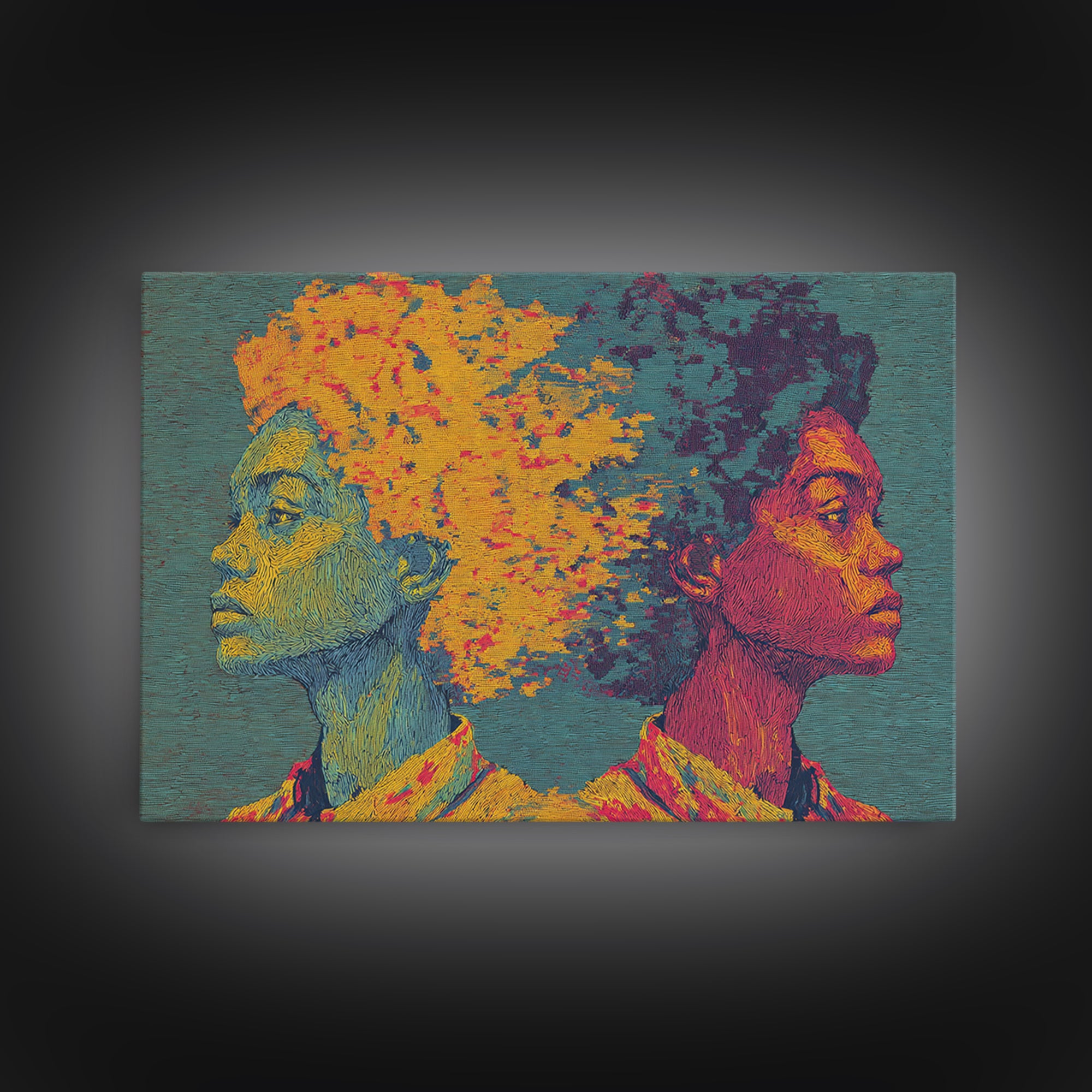Vibrant Black Couple Opposing Profiles Wall Art, African Abstract Canvas Print, Textured Afrocentric Portrait Decor Gift