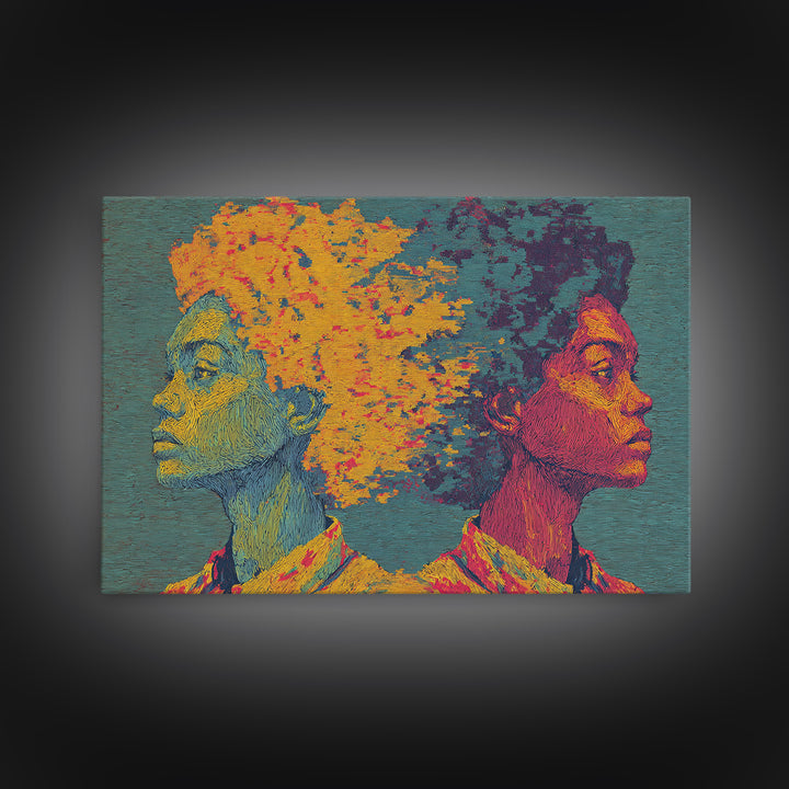 Vibrant Black Couple Opposing Profiles Wall Art, African Abstract Canvas Print, Textured Afrocentric Portrait Decor Gift