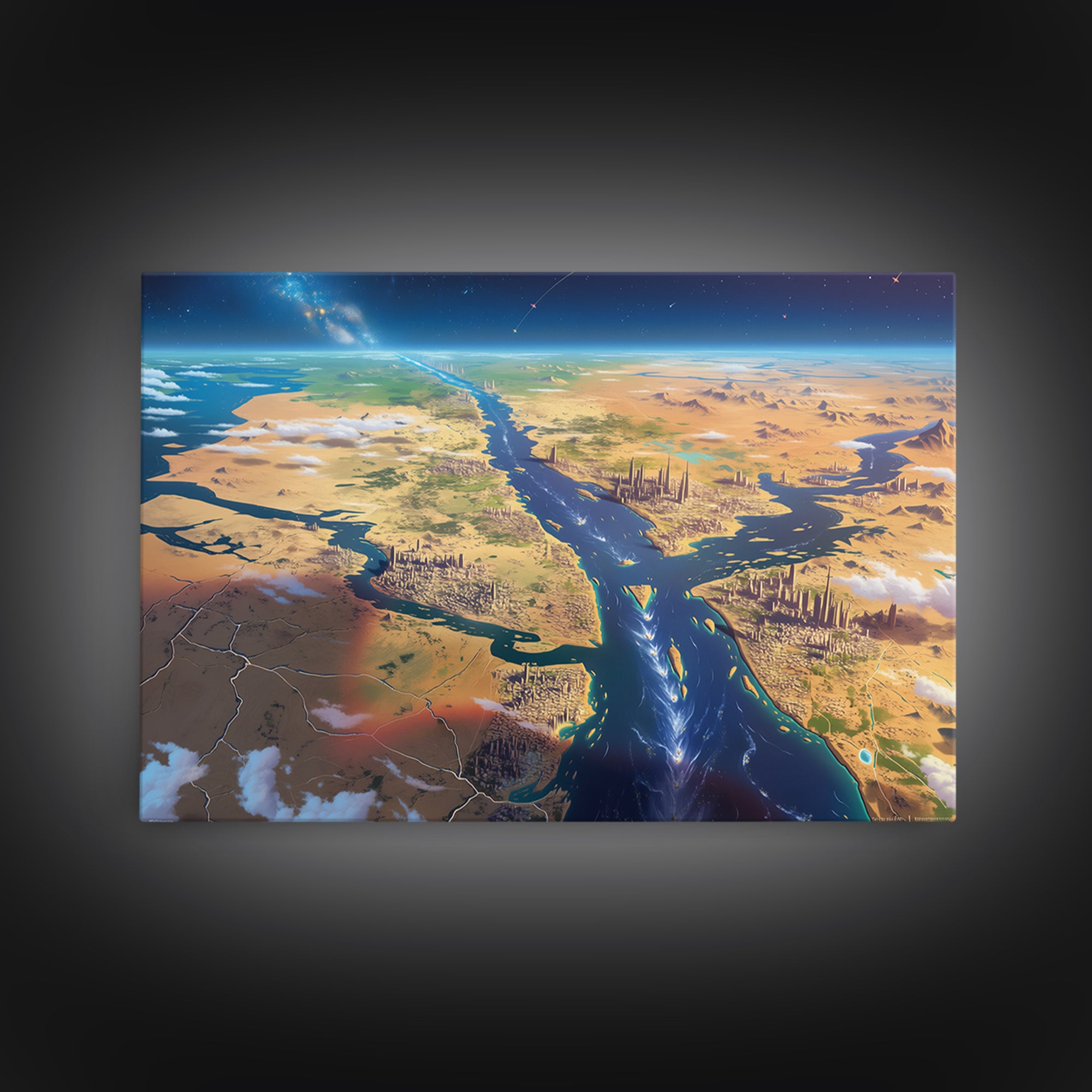Futuristic Nile Delta Aerial Landscape Wall Art, African Travel Canvas Print, Egypt Map Poster, Modern Office Decor Gift
