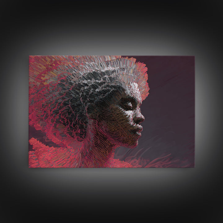 Mosaic Black Woman Profile In Red Shadows Wall Art, Abstract African Canvas Print, Contemporary Afrocentric Home Decor Gift