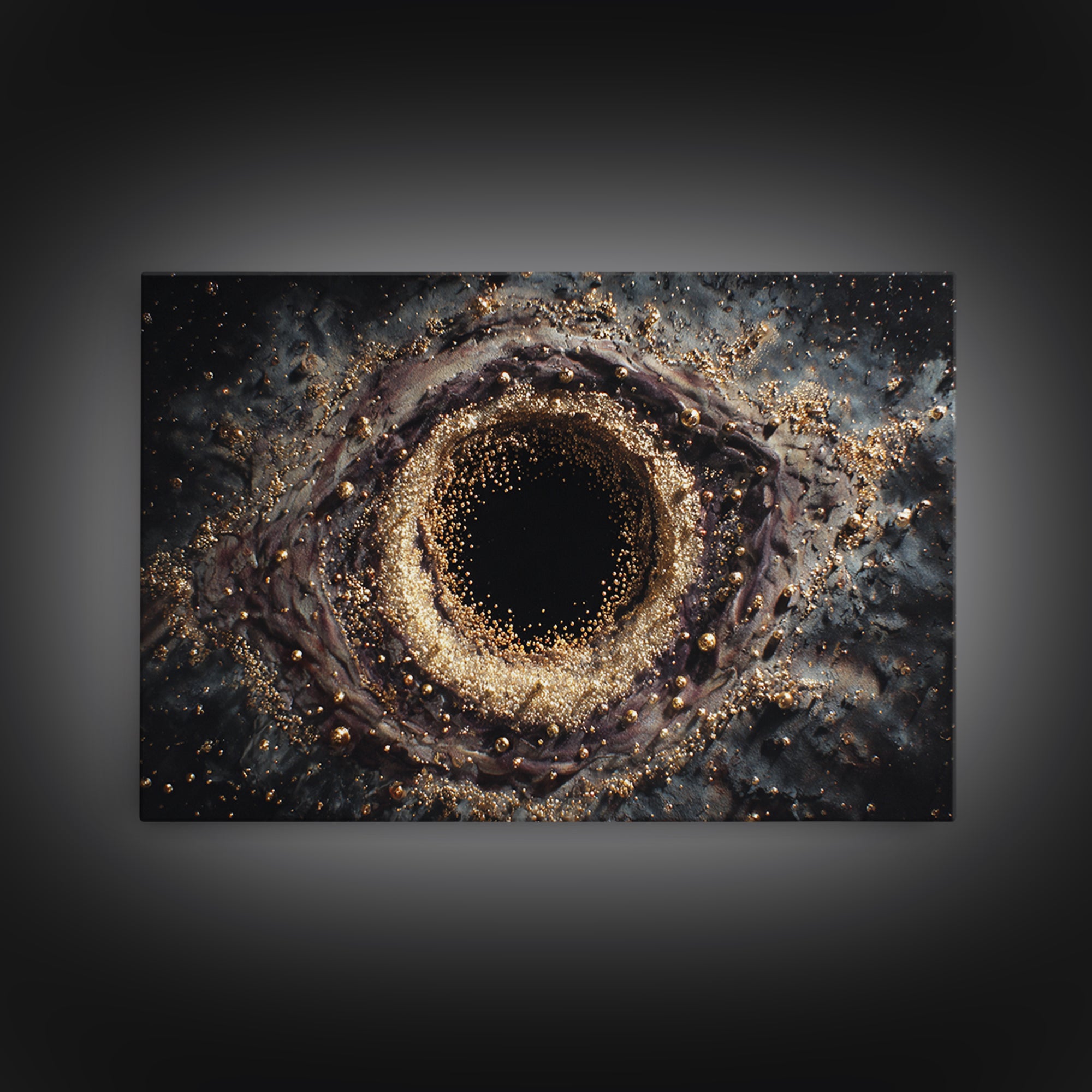 Glittering Black Hole Vortex Framed Canvas Print, Abstract Art, Black And Gold Art, Modern Wall Decor, Unique Home Decor
