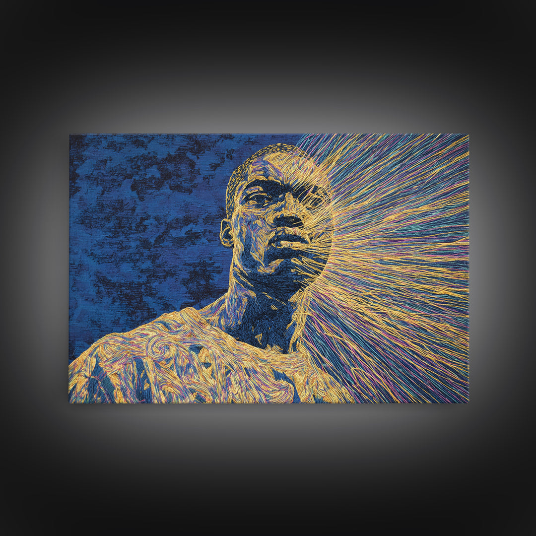 Radiant Black Man Portrait Wall Art, Afrocentric Art, Modern Black Art, Blue And Gold Canvas Print, Black Culture Art Decor