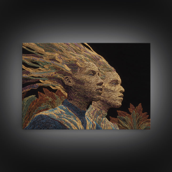 Surreal African Woman Double Portrait Canvas Print, African Women Art, Afrocentric Wall Art, Gold Textile Art, Elegant Decor