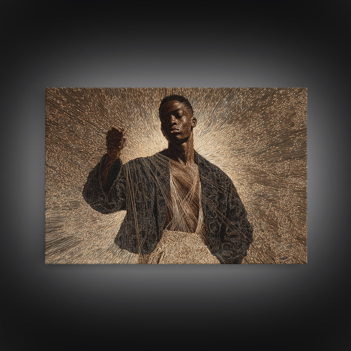 Radiant Black Man Halo Portrait Framed Canvas Print, Afrocentric Art, Black Culture Art, Spiritual Wall Art, Statement Decor
