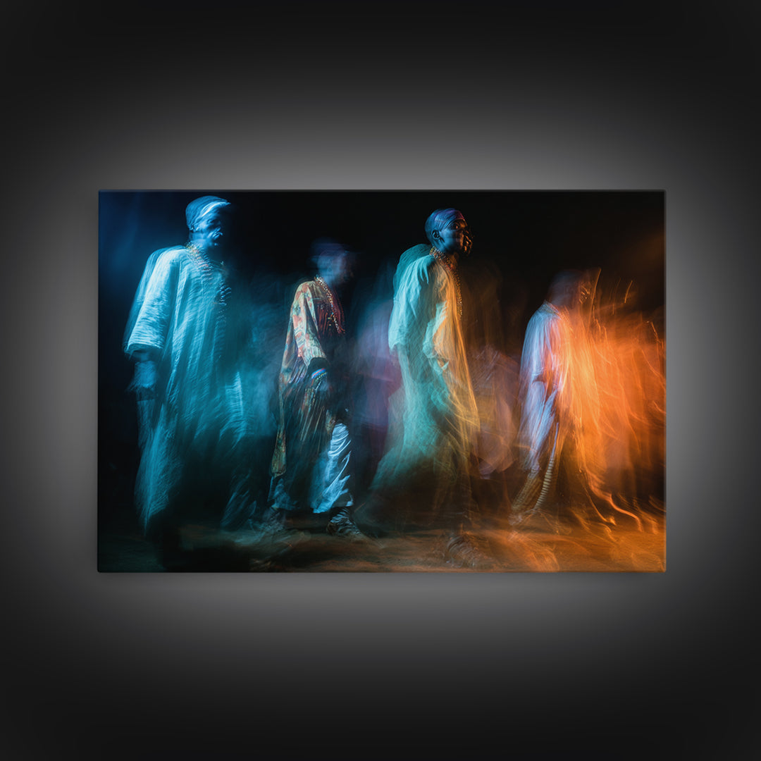 Ghostly African Procession Wall Art, Abstract Figure Canvas Print, Spiritual Wall Decor, Contemporary Art, Blue Orange Decor