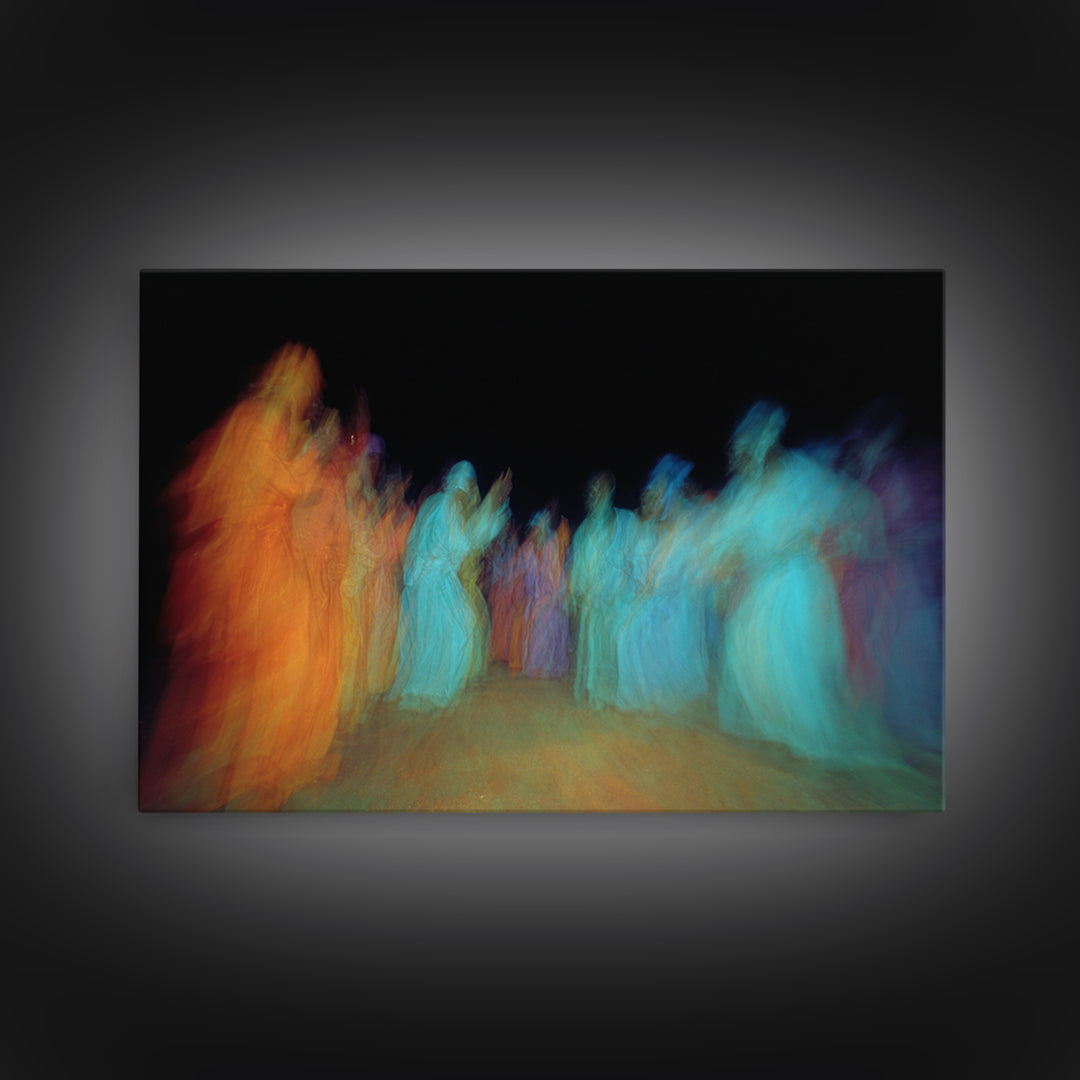 Blurred African Dancers In Orange And Teal Robes Wall Art, Afrocentric Culture Decor, Vibrant Tribal Canvas Print For Home Decor