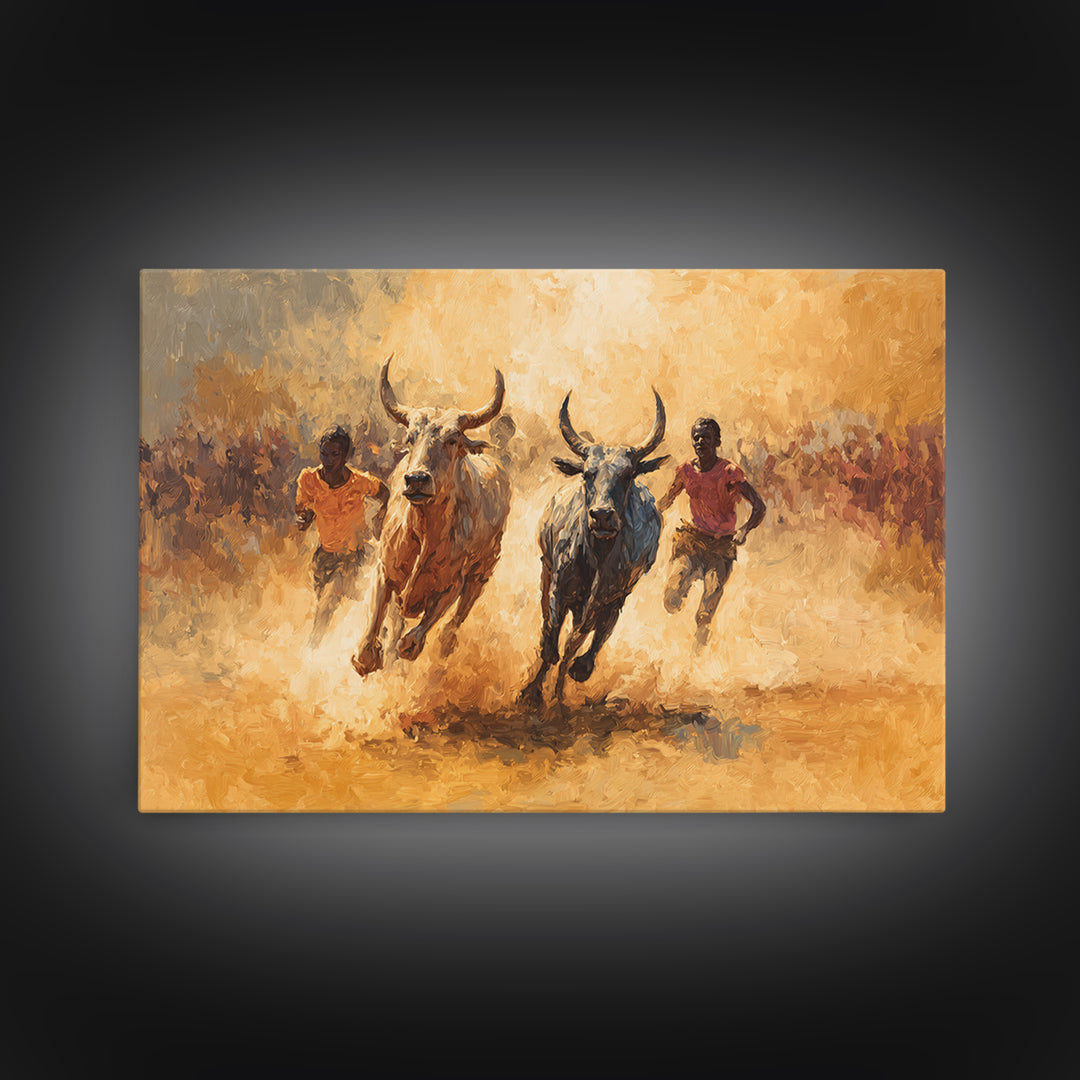 Dusty African Bull Race With Runners Canvas Print, Safari Culture Wall Art, Warm Earth Tone Decor For Living Room Gift Idea