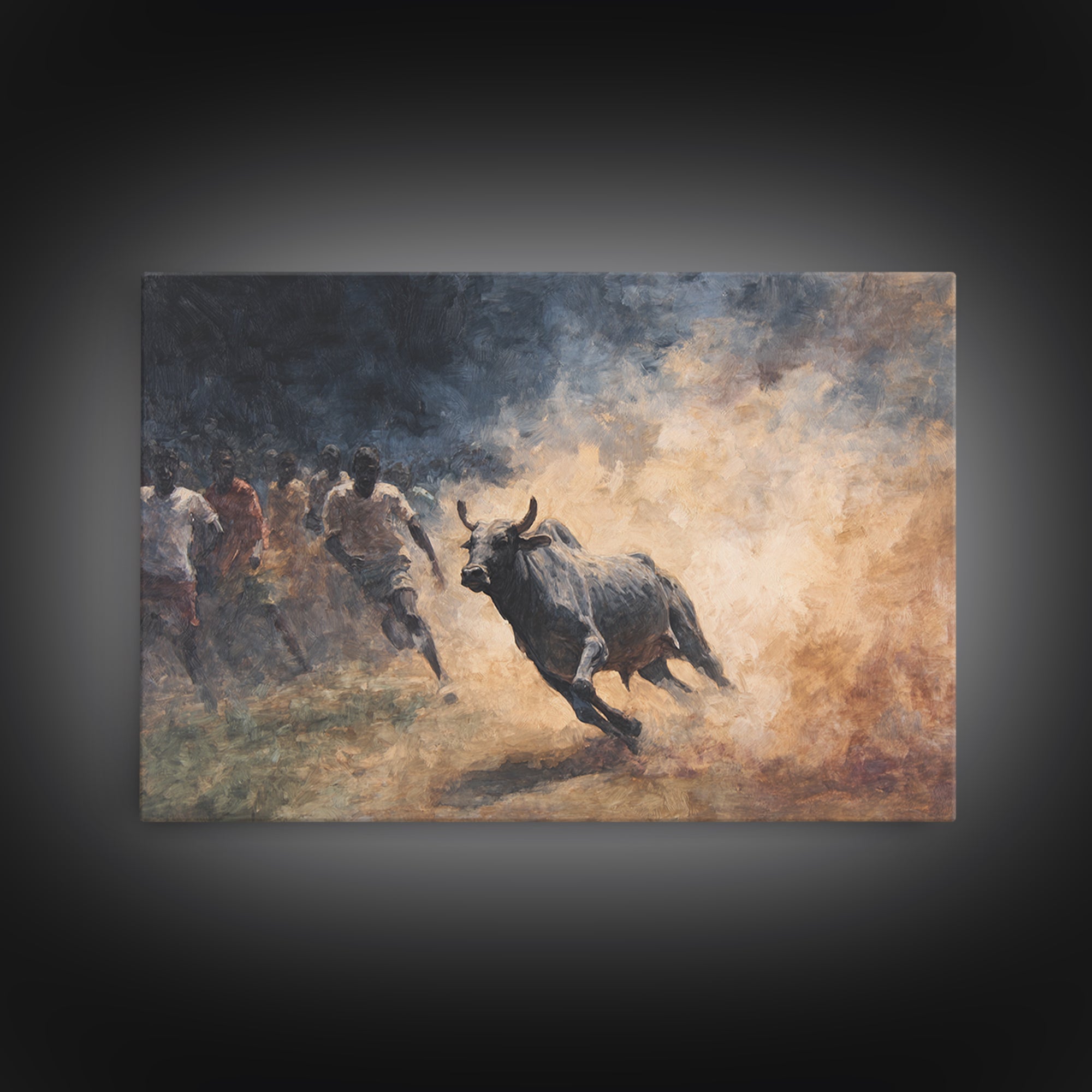Charging Bull And Runners In Dusty Arena Wall Art, African Safari Art Decor, Dynamic Canvas Print For Bold Home Decor Gift