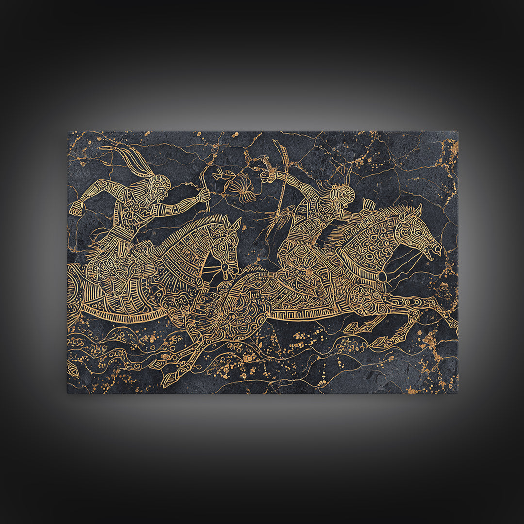 Gold Tribal Horse Warriors On Black Stone Framed Canvas Print, African Warrior Art Decor, Ancient Line Wall Art For Office