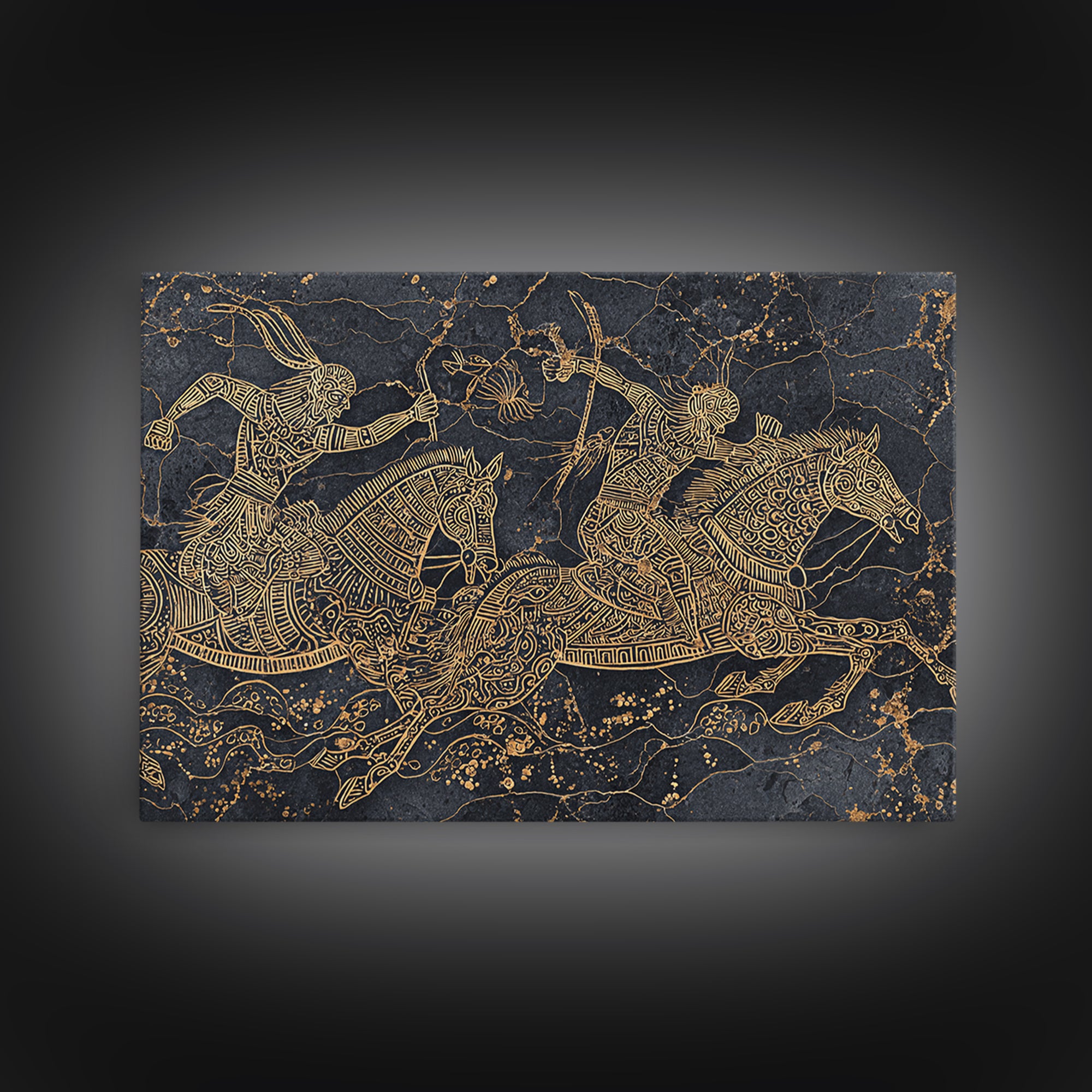 Gold Tribal Horse Warriors On Black Stone Framed Canvas Print, African Warrior Art Decor, Ancient Line Wall Art For Office