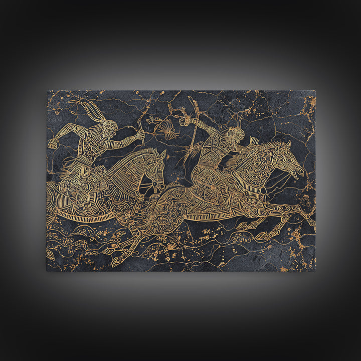 Gold Tribal Horse Warriors On Black Stone Framed Canvas Print, African Warrior Art Decor, Ancient Line Wall Art For Office
