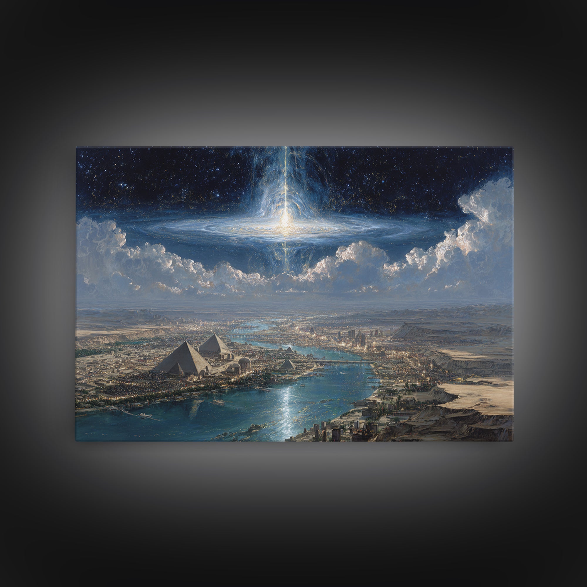 Cosmic Egyptian Pyramids Over Nile, Mystical African Wall Art, Spiritual Desert Landscape, Afrocentric Home Decor Gift Print