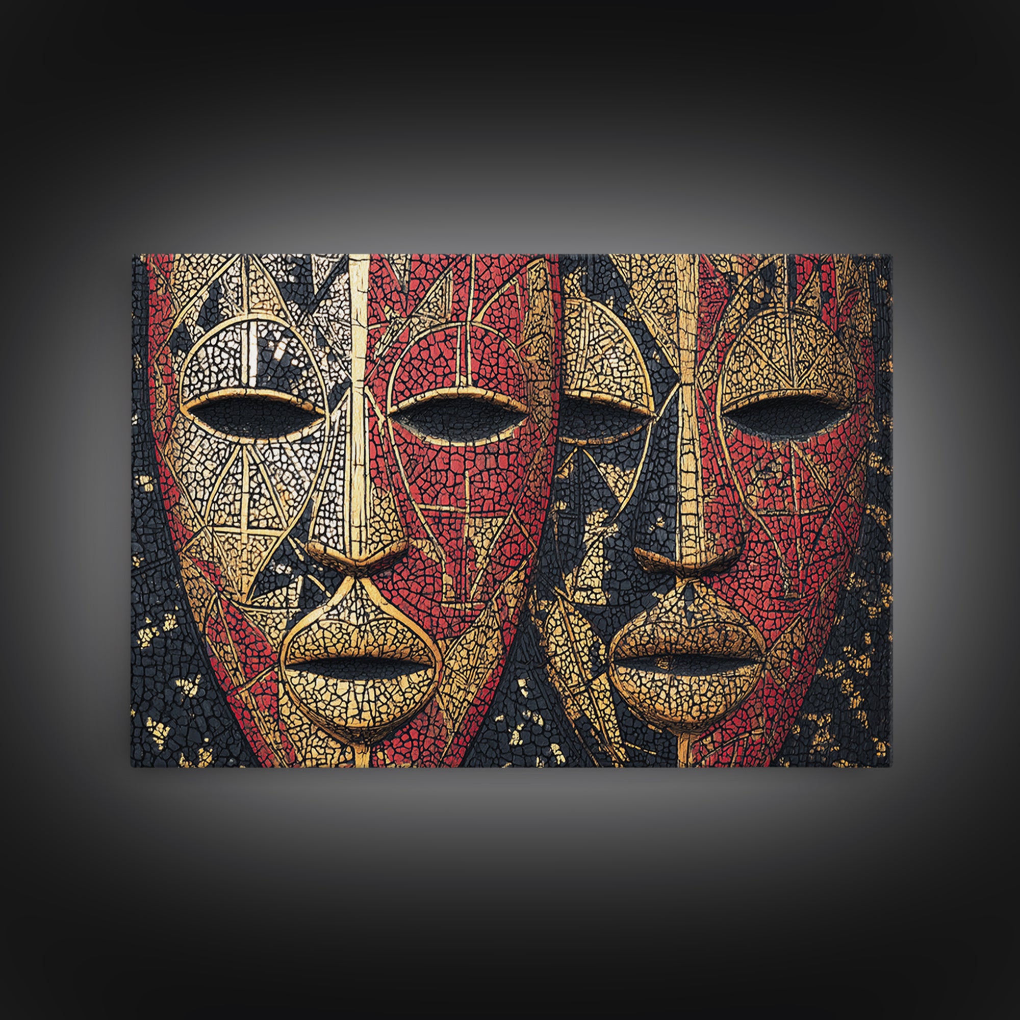 Dual African Tribal Masks In Red Gold Mosaic, Framed Canvas Print, Afrocentric Mask Art, Bold Cultural Wall Decor For Home