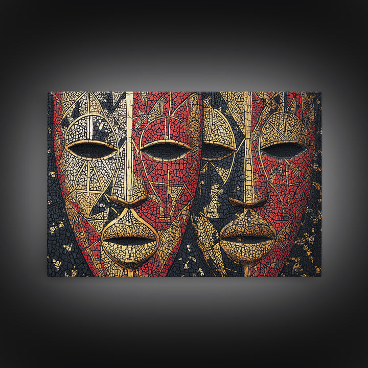 Dual African Tribal Masks In Red Gold Mosaic, Framed Canvas Print, Afrocentric Mask Art, Bold Cultural Wall Decor For Home