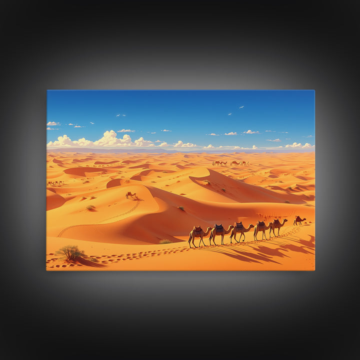 Golden Sahara Dunes With Camel Caravan, African Wall Art, Desert Landscape Print, Travel Decor, Boho Living Room Gift Poster