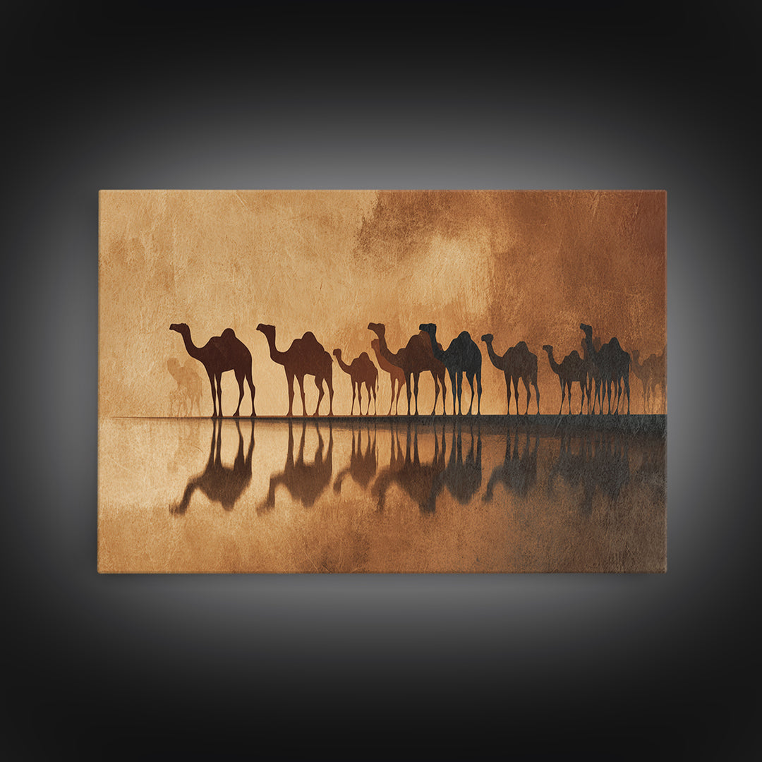 Sepia Camel Caravan Reflections At Dusk, Canvas Print, African Safari Art, Earth Tone Wall Decor, Desert Home Decor Gift