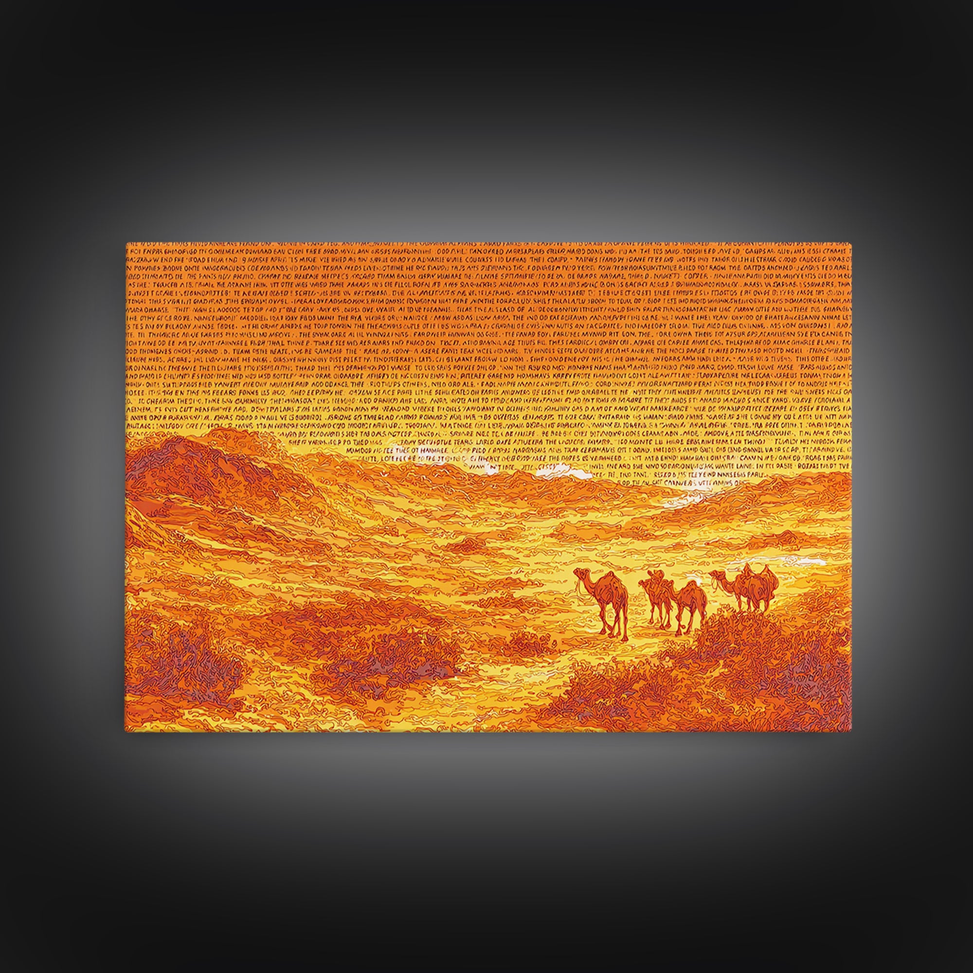 Orange Desert Camel Caravan With Text Texture, African Wall Art, Sahara Landscape Poster, Burnt Orange Boho Decor Gift Print
