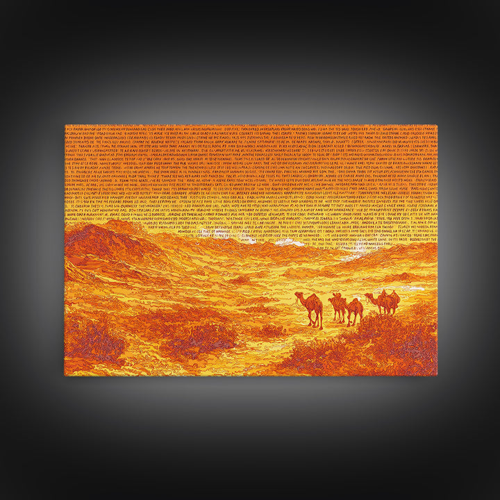 Orange Desert Camel Caravan With Text Texture, African Wall Art, Sahara Landscape Poster, Burnt Orange Boho Decor Gift Print